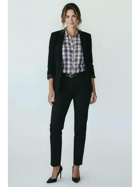 Foxcroft Purple and White Tartan Plaid Long Sleeve Button-Up Shirt, Size 14